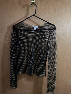 Charlotte Russe Black Rhinestone Mesh Long Sleeve Top